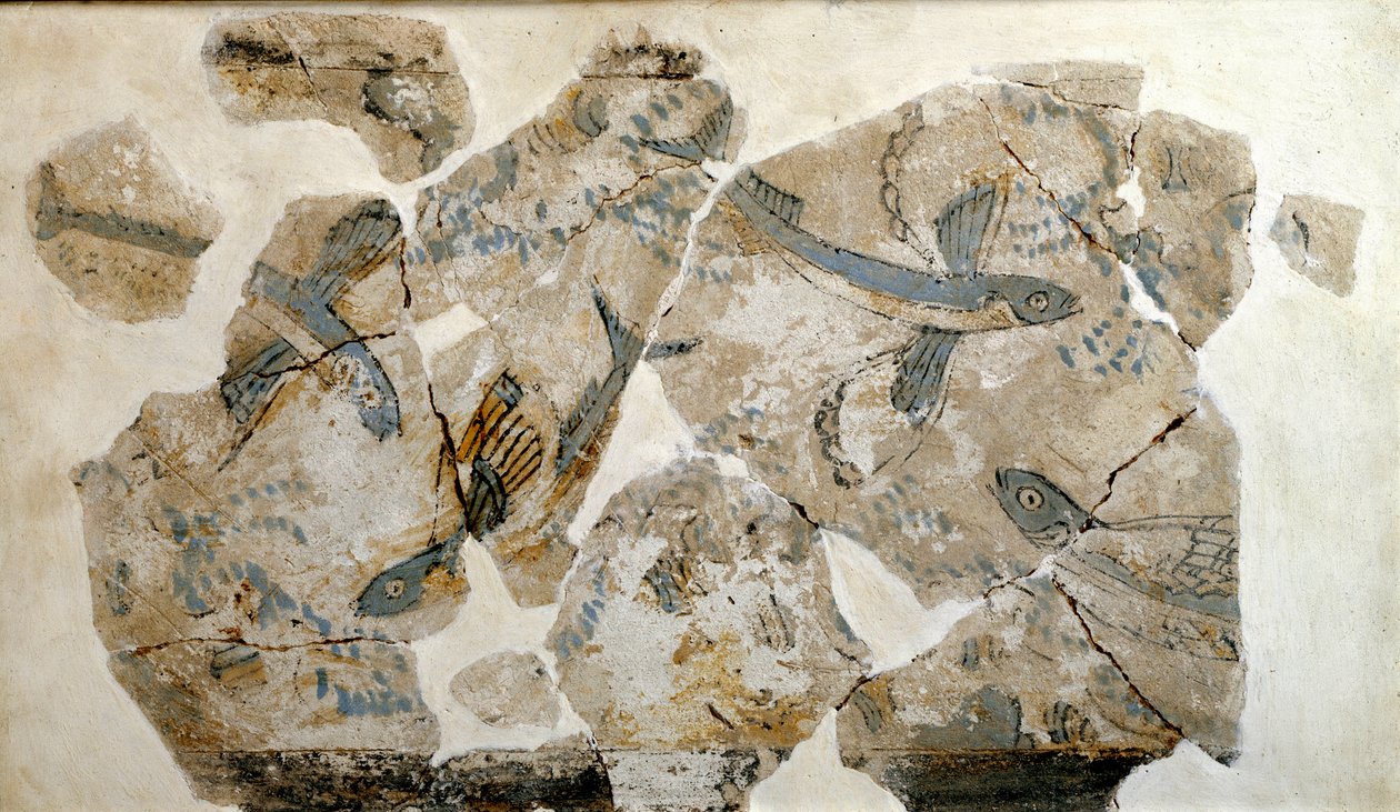 Kykladien taide: freskon fragmentti, joka kuvaa lentäviä kaloja (meripääskysiä). Phylakopin (Meloksen saari) paikalta 2500 eKr. Dim. 23 cm Athenes, valtakunnallinen arkeologinen museo - Kykladien taide: lentäviä kaloja (tiiraa) kuvaavan freskon fragmentit tekijältä Cycladic