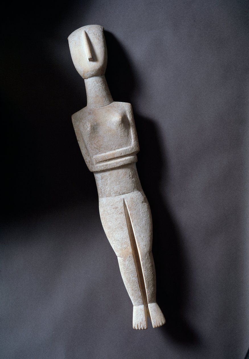 Naisjumala, kaavamainen hahmo, valkoinen marmori okralla upotettuna, 3200-2000 eKr. tekijältä Cycladic Cycladic