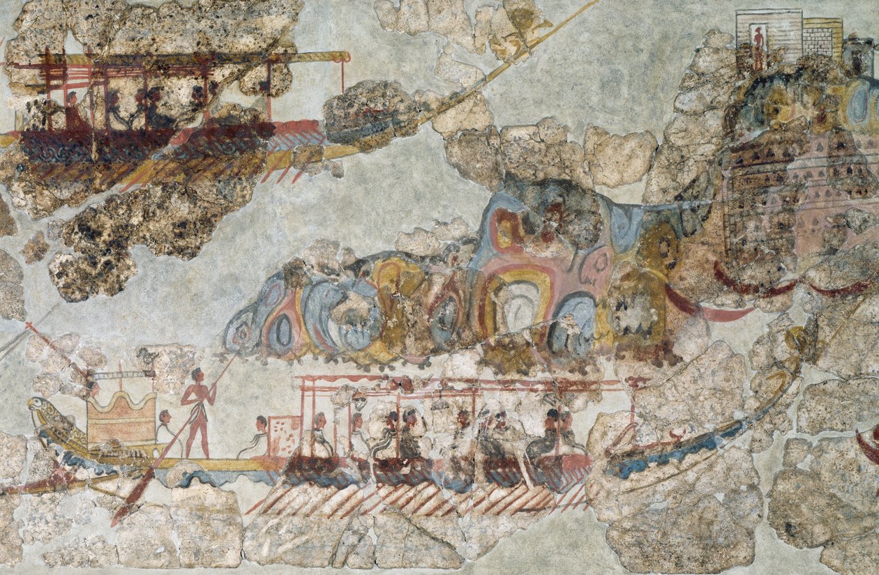 Laivasto, fresko Therasta, Eteläiset Kykladit, Kreikka Kykladien sivilisaatio, 3.-2. vuosituhat eKr. tekijältä Cycladic Cycladic