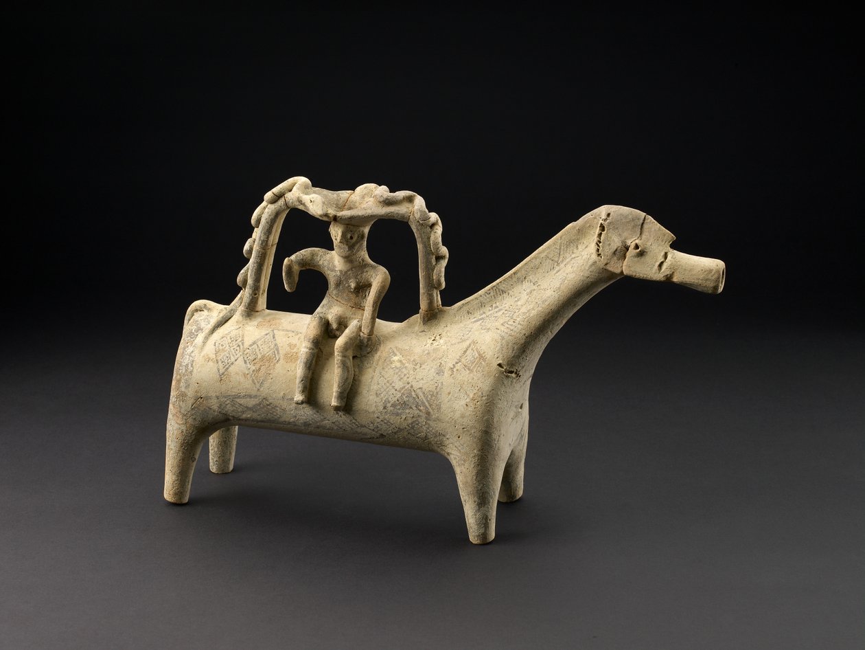 Terrakottahevosryton, jossa ratsastaja osana kahvaa selässä, myöhäinen Kyproksen IIIB-kausi, n. 1125-1050 eKr. (keraaminen) tekijältä Cypriot