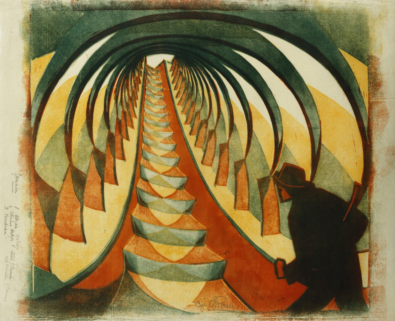 Liukuportaat, c. 1929 (linoleikkaus väreillä ohuelle Japanille) tekijältä Cyril Edward Power