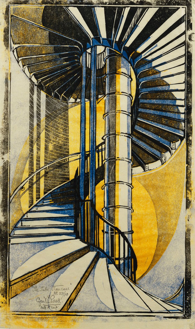 The Tube Staircase, n. 1930 (linoleikkaus painettu väreillä pehmopaperille Japan) tekijältä Cyril Edward Power