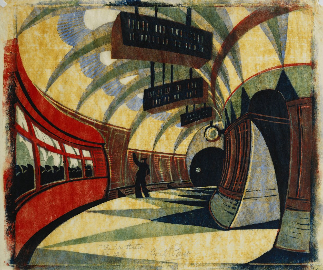 Metroasema, n. 1932 (linoleikkaus painettu väreillä pehmopaperille Japanissa) tekijältä Cyril Edward Power