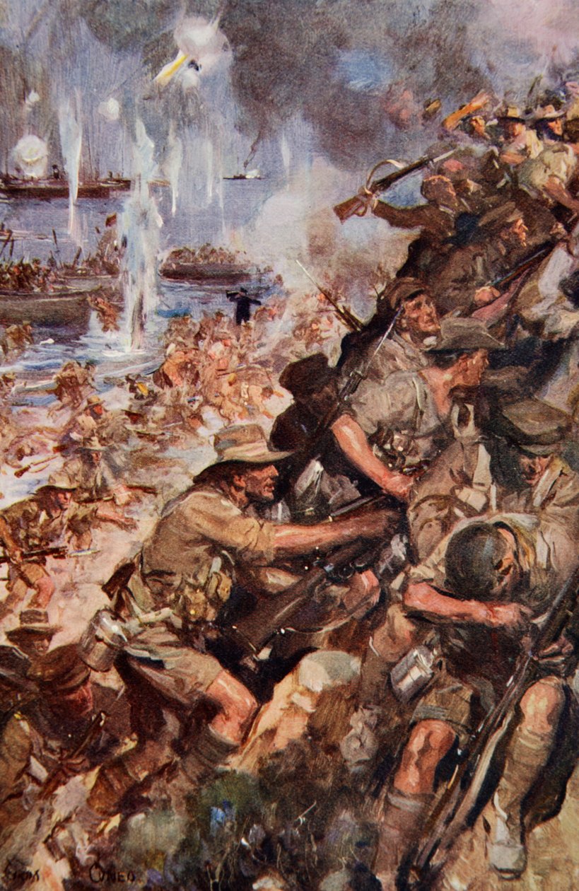"Midst Shot and Shell teimme kapean rannan", laskeutuessamme Gallipoliin, kuvitus teoksesta "Told in the Huts: The YMCA Gift Book", julkaistu 1916 tekijältä Cyrus Cuneo