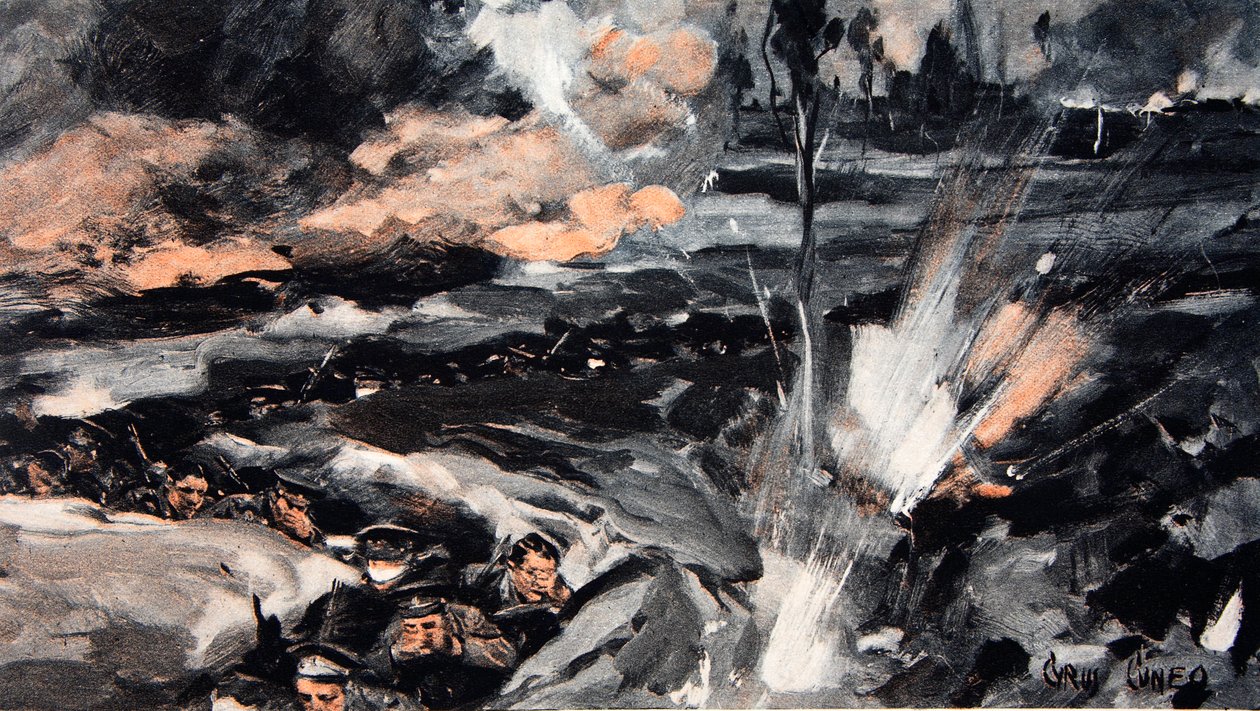 Kerran, jolloin saksalainen myrkkykaasu sai punertavan sävyn, kuva "The Illustrated War News" tekijältä Cyrus Cuneo