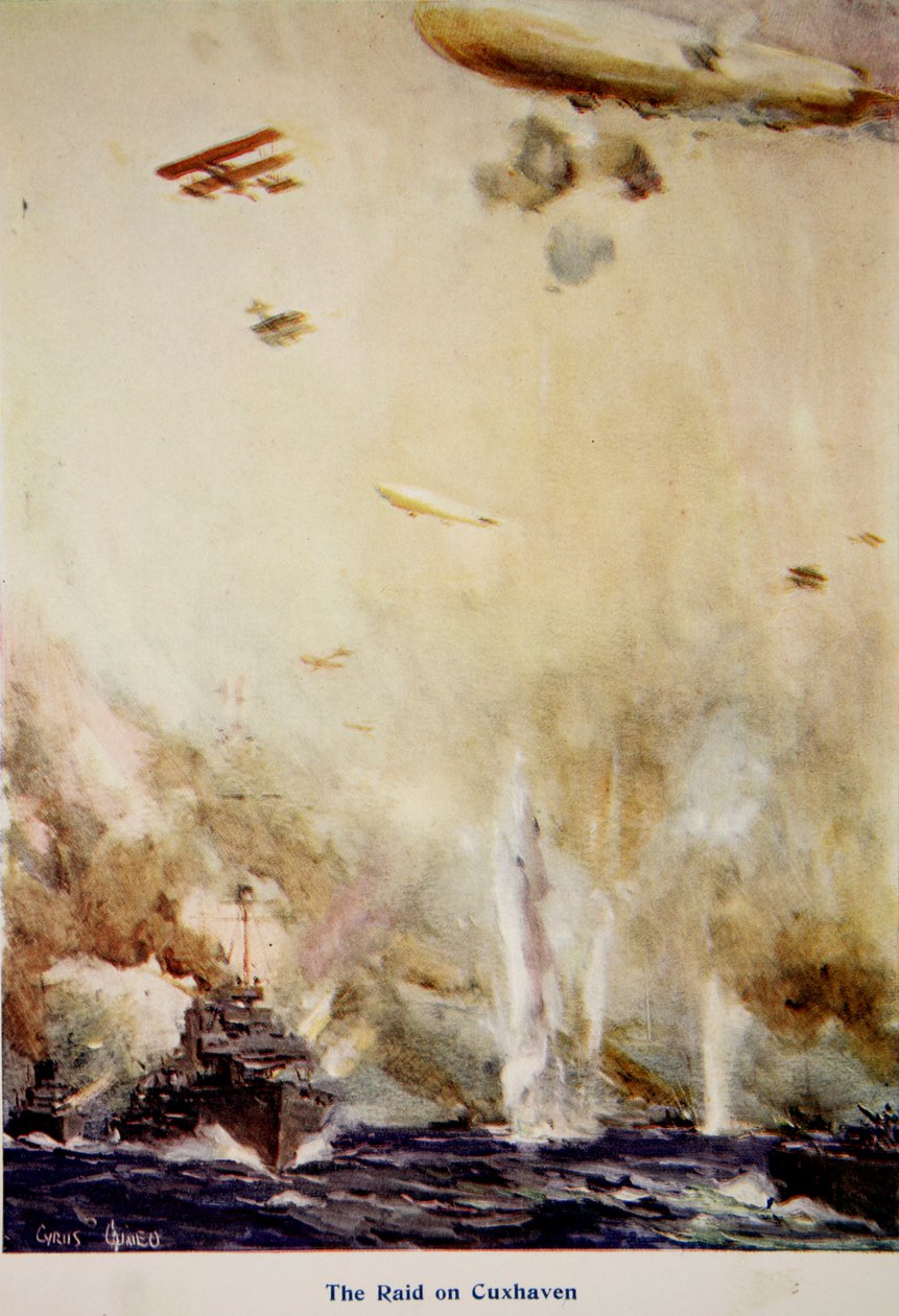 "The Raid on Cuxhaven, joulukuu 1914", kuva "Told in the Huts: The YMCA Gift Book", julkaistu 1916 tekijältä Cyrus Cuneo