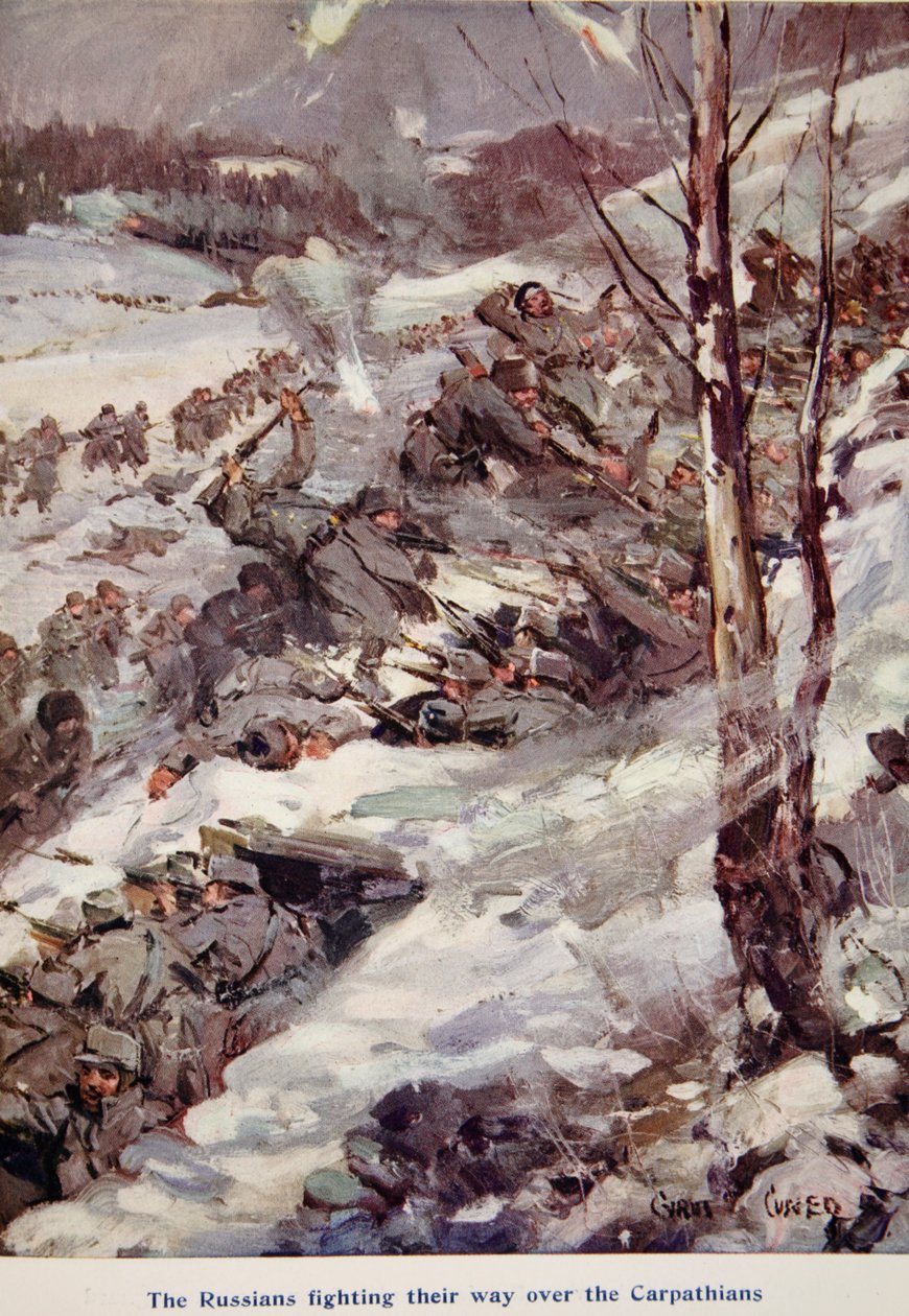 "Venäläiset taistelemassa Karpaattien yli", kuva "Told in the Huts: The YMCA Gift Book", julkaistu 1916 tekijältä Cyrus Cuneo