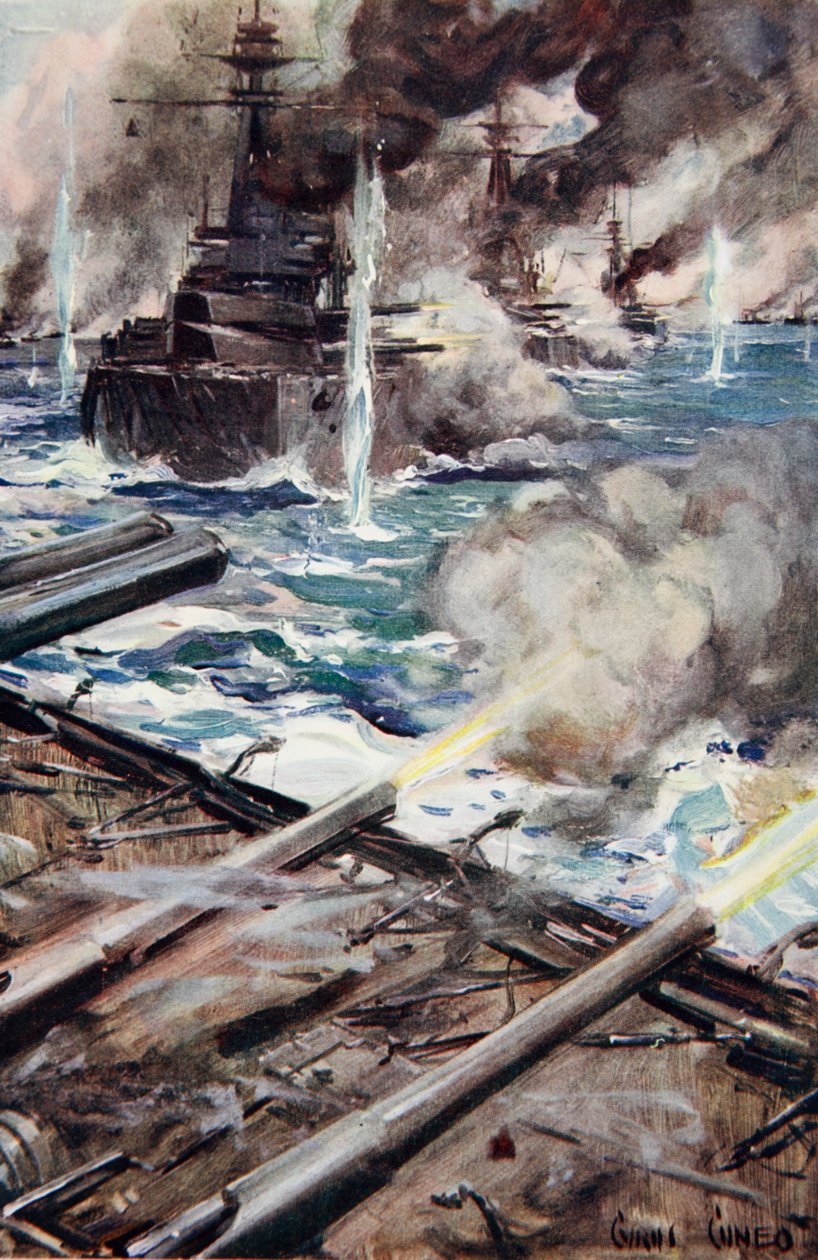 "Laivasto taistelulaivoja ampumassa laidalla", kuva "Told in the Huts: The YMCA Gift Book", julkaistu 1916 tekijältä Cyrus Cuneo