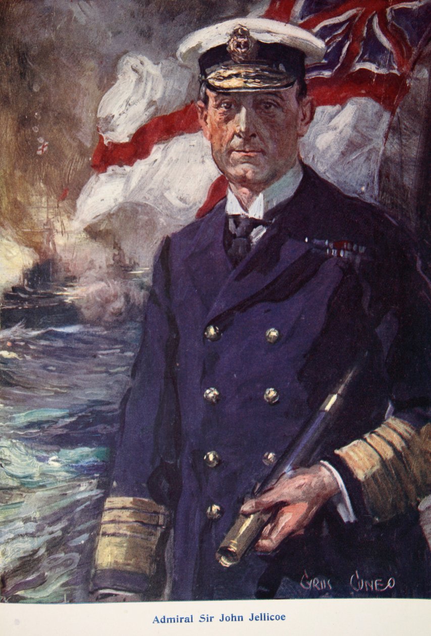Amiraali Sir John Jellicoe, kuvitus teoksesta "Told in the Huts: The YMCA Gift Book", julkaistu 1916 tekijältä Cyrus Cuneo
