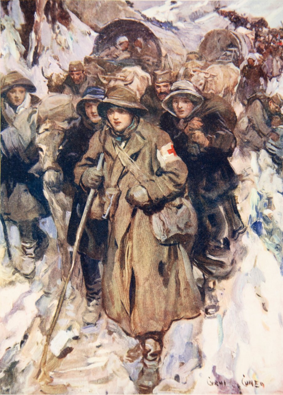 Rohkeat sairaanhoitajat Serbian armeijan perääntymässä (värilitho) tekijältä Cyrus Cuneo