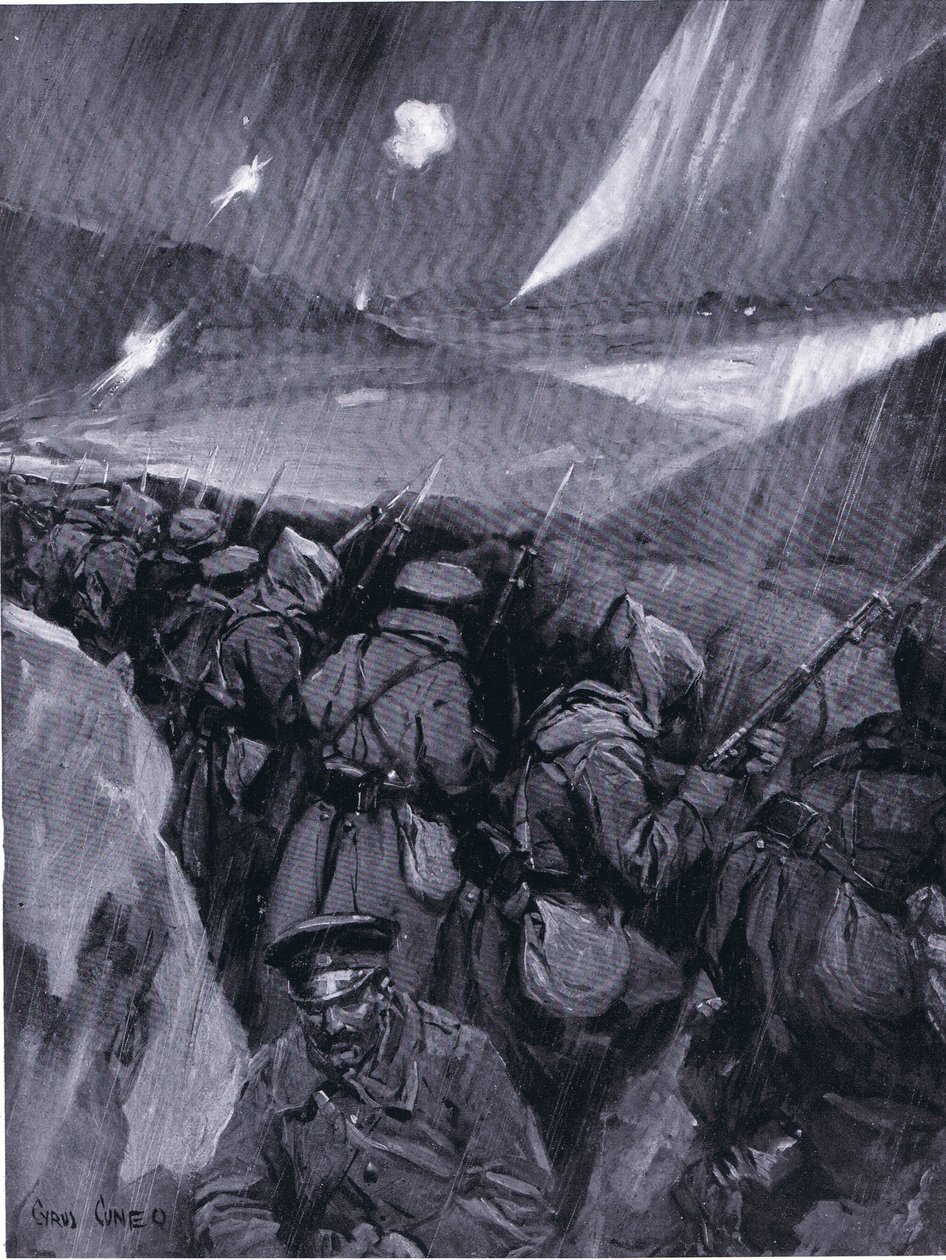 Adrianopolia piirittävät bulgarialaiset (1912-1913) Balkanin sota, Hutchinsonin kirjasta Kansakuntien historia (Nide 4), jonka on julkaissut Hutchinson, n. 1920 (litho) tekijältä Cyrus Cuneo