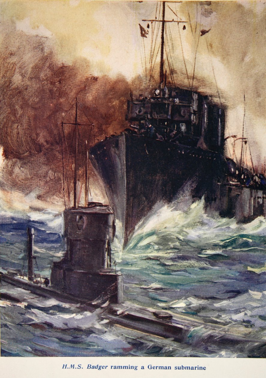 "HMS Badger ramming a German sukellusvene", kuva "Told in the Huts: The YMCA Gift Book", julkaistu 1916 tekijältä Cyrus Cuneo