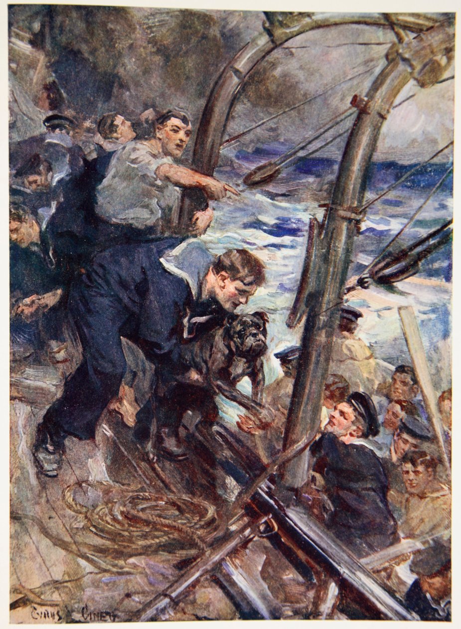 Kuinka Norah Bulldog pelastui uppoavasta taistelulaivasta (väri litho) tekijältä Cyrus Cuneo