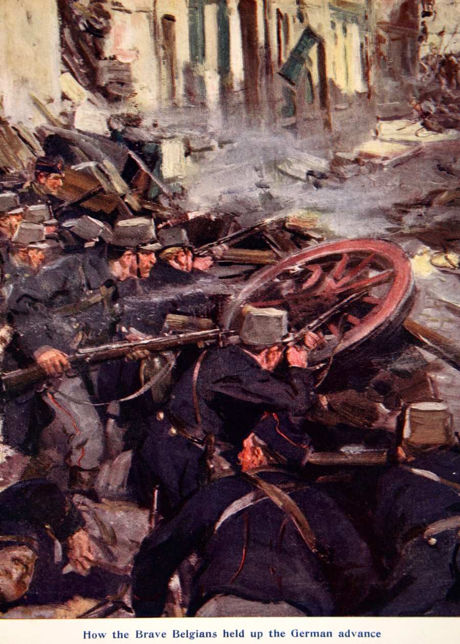 "How the Brave Belgians Held up the German Advance", kuvitus artikkelista "Told in the Huts: The YMCA Gift Book", julkaistu 1916 tekijältä Cyrus Cuneo