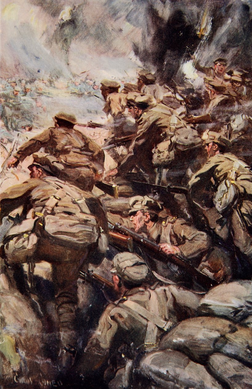 "Etuhyökkäyksen torjuminen kiväärillä ja pistimellä", kuvitus artikkelista "Told in the Huts: The YMCA Gift Book", julkaistu 1916 tekijältä Cyrus Cuneo