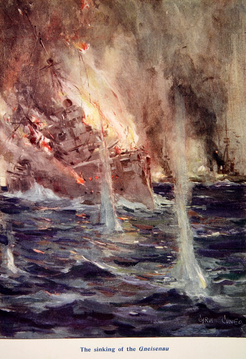 "The Sinking of the Gneisenau", kuvitus "Told in the Huts: The YMCA Gift Book", julkaistu 1916 tekijältä Cyrus Cuneo