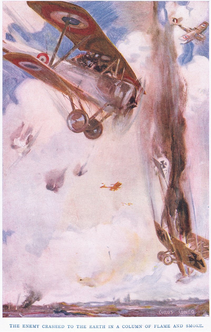 Vihollinen syöksyi maahan savupatsaan (väri litho) tekijältä Cyrus Cuneo