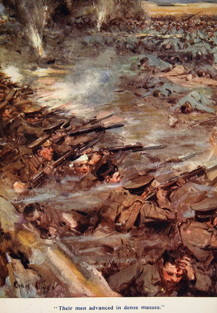 "Heidän miehensä edistyivät tiheissä massoissa", kuva "Told in the Huts: The YMCA Gift Book", julkaistu 1916 tekijältä Cyrus Cuneo