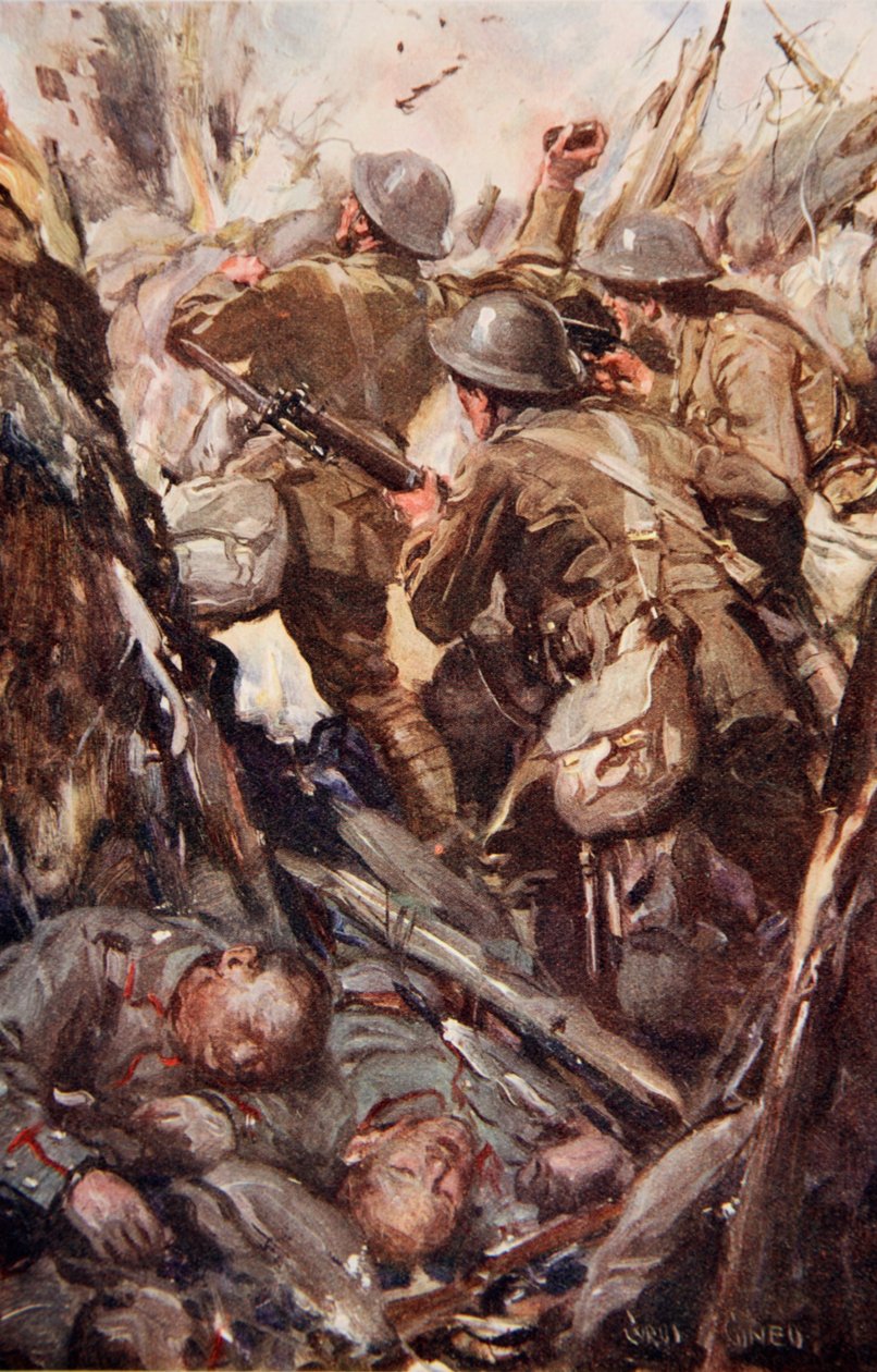 "He pommittivat ja pommittivat tiensä ylös vihollisen juoksuhaudoille", kuva "Told in the Huts: The YMCA Gift Book", julkaistu 1916. tekijältä Cyrus Cuneo
