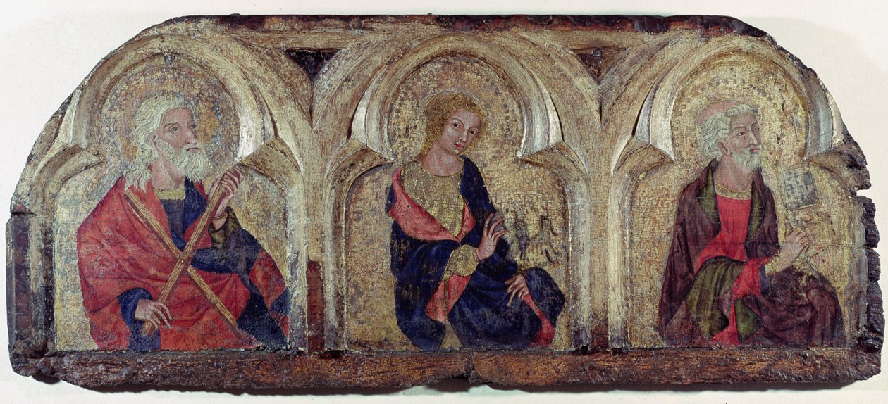 Pyhä Andreas, Pyhä, Johannes evankelista ja Pyhä Pietari, Roudnice Predellan vasemmasta paneelista, n. 1340 (tempera paneelissa) tekijältä Czech School