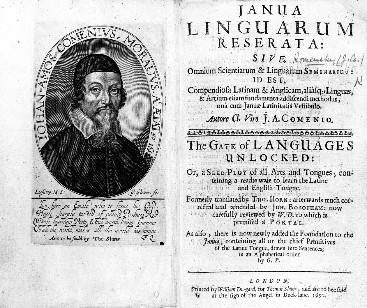 Janua Linguarum Reseratan etu- ja nimisivu, jossa on muotokuva Jan Amos Komenskysta, kaiverrettu George Glover, 1650 tekijältä Czech School