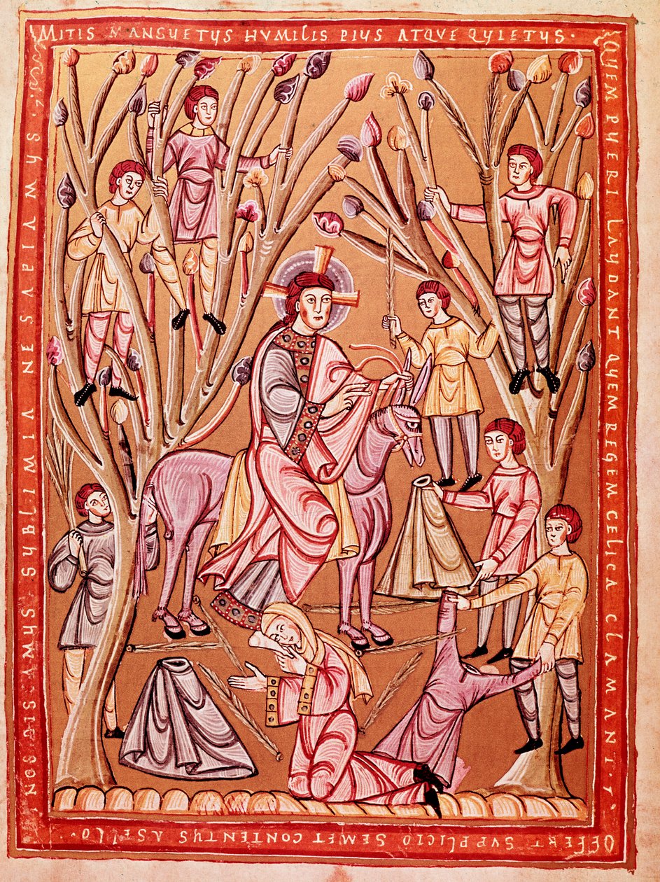Jeesuksen voittokulku Jerusalemiin (pienoiskuva, n. 1085). tekijältä Czech School