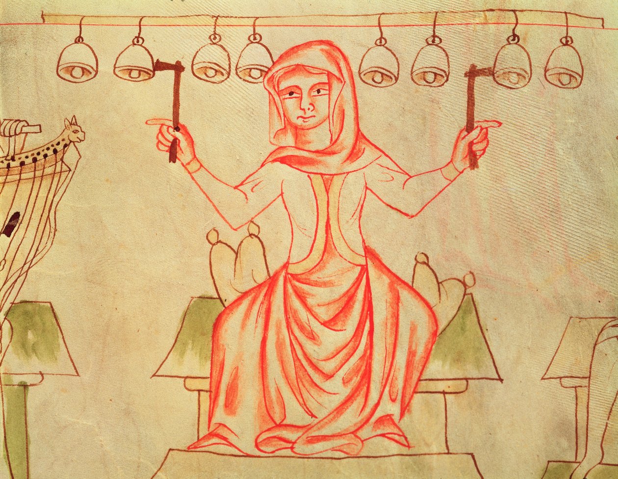 Mx XXIII C.124 Kelloja soittava muusikko, Velislavin Raamatusta, n. 1340 tekijältä Czech School