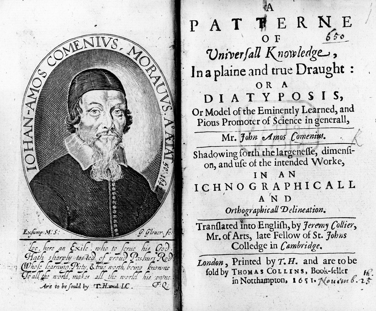 Universaalin tiedon mallin otsikkosivu ja etukappale, mukaan lukien muotokuva Jan Amos Komenskysta, kaiverrettu George Glover, 1651 tekijältä Czech School