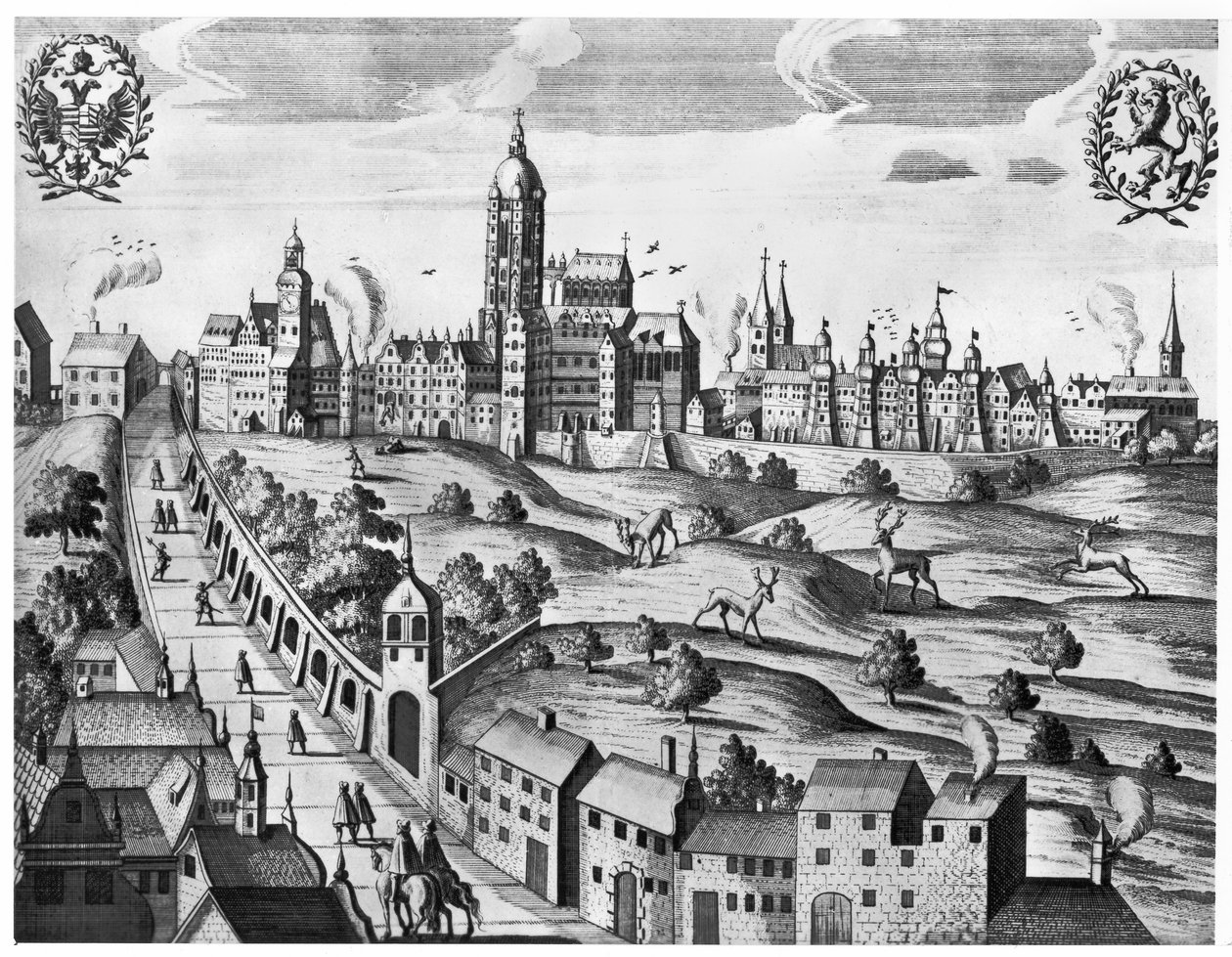 Näkymä Prahasta, jossa näkyy keisarillinen palatsi ja teologinen korkeakoulu, n. 1618 tekijältä Czech School