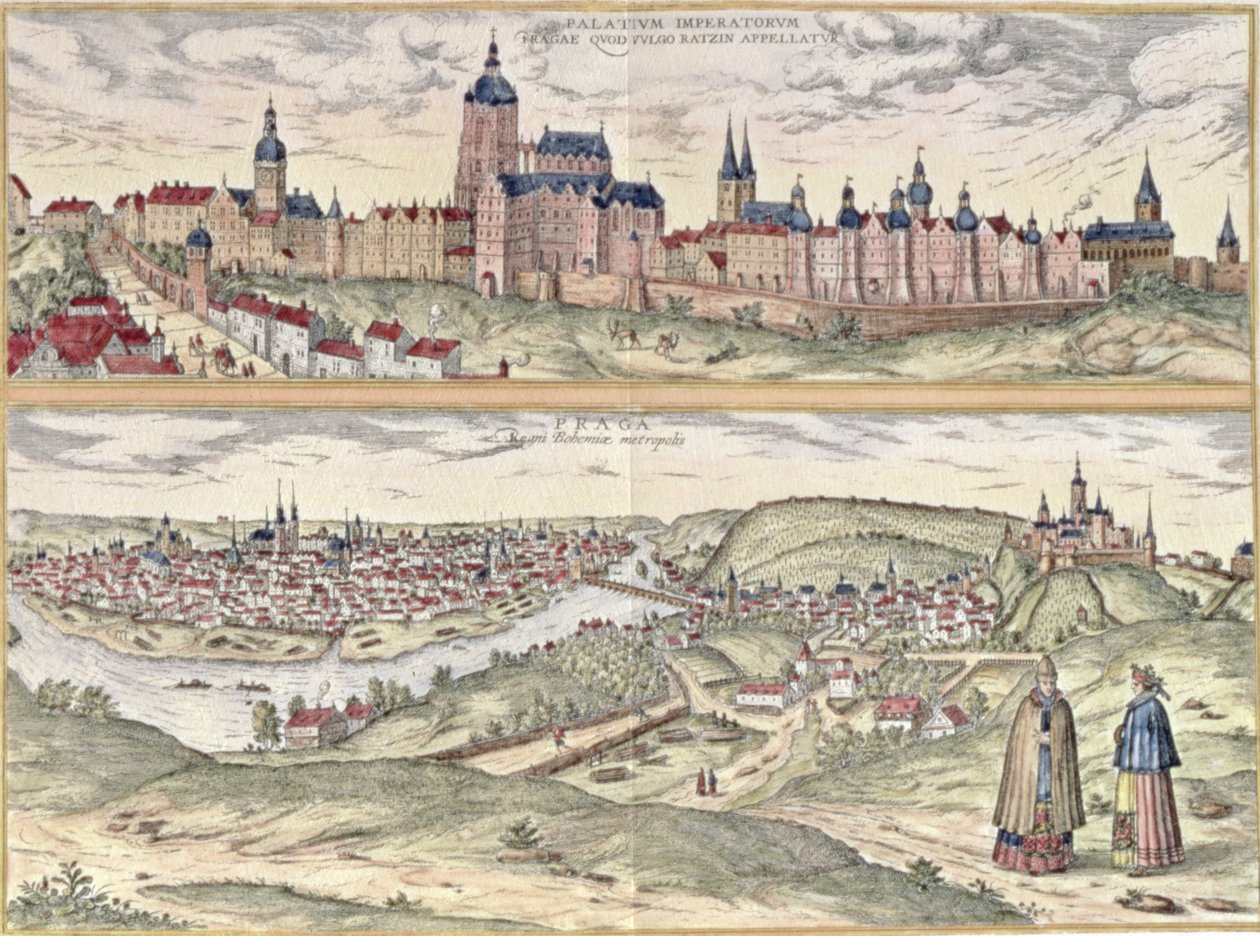 Näkymä Prahasta, jossa näkyy (yläpuolella) keisarillinen palatsi (Hradschin) ja (alla) Vltava-joki, jotka erottavat kaupungin vanhan ja nykyajan osia (kaiverrus) tekijältä Czech School