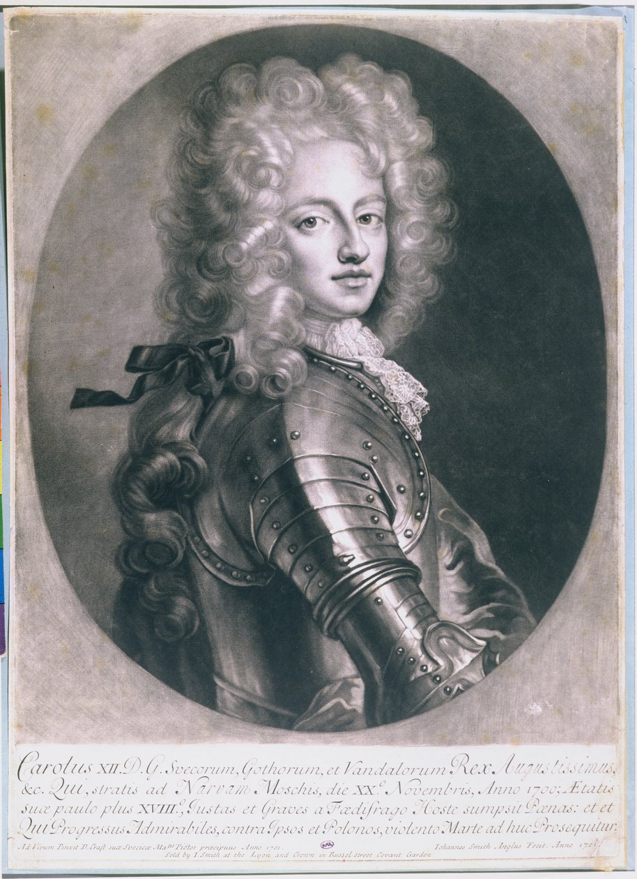 Ruotsin kuningas Kaarle XII (1682-1718), John Smithin kaiverrus, 1701. tekijältä D. Craft