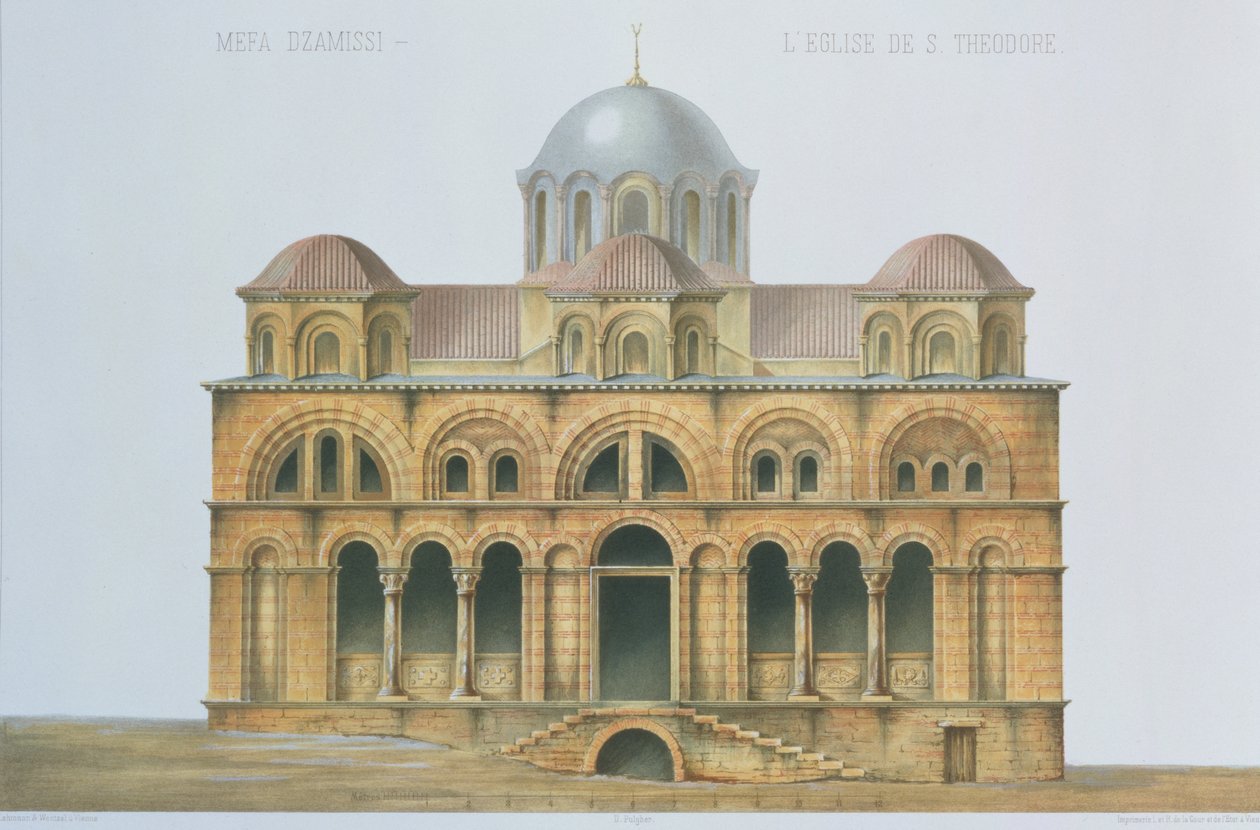 Mefa Dzamissin julkisivu, Pyhän Teodorin kirkko, "Konstantinopolin kirkkoarkkitehtuuri", pubi. Lehmann ja Wentzel Wienistä, n. 1870-80 tekijältä D. Pulgher