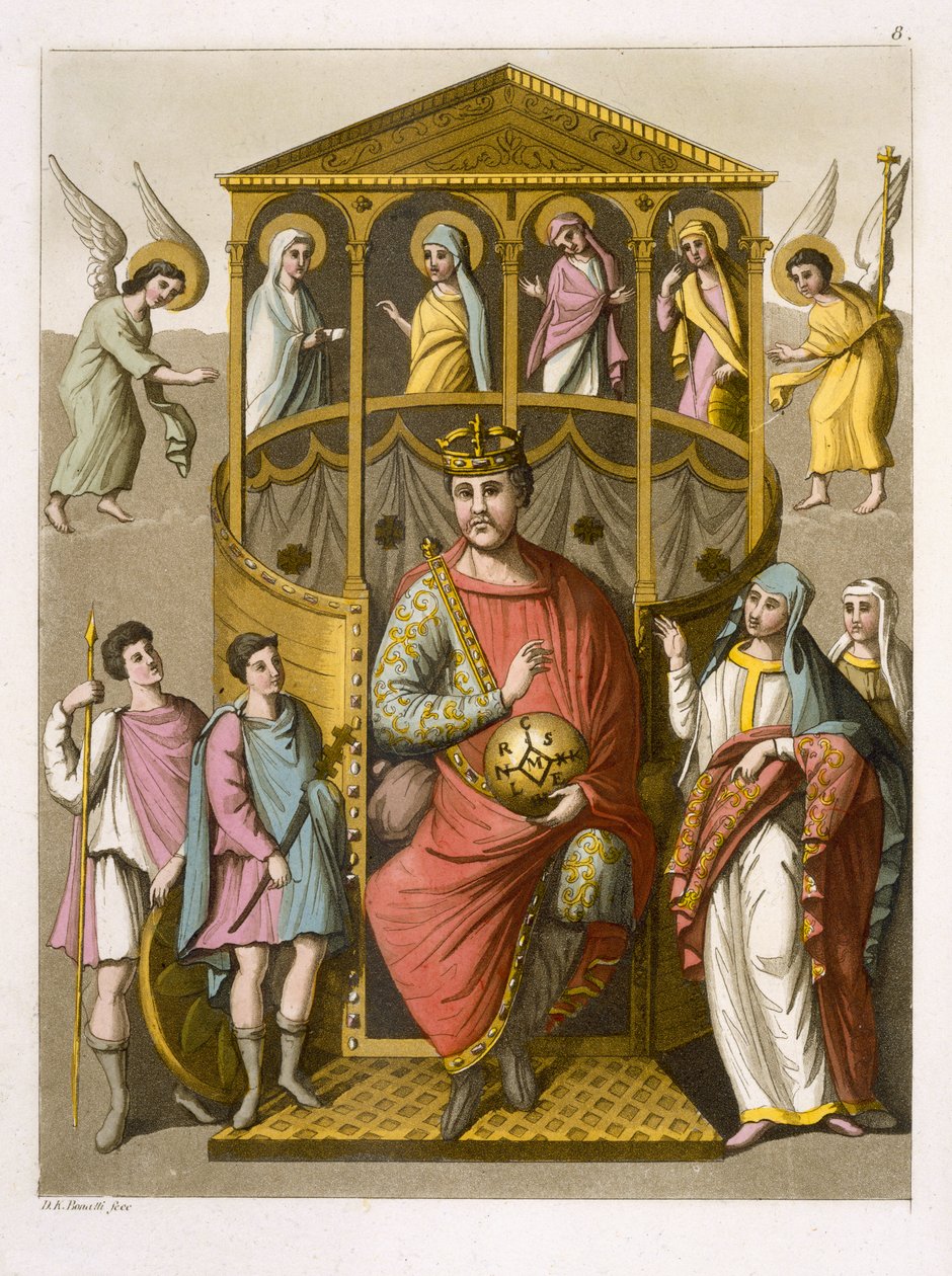 Kaarle II (823-77) Kalju, Colbergin kirjastossa olevan käsikirjoituksen mukaan, laatta 8 teoksesta "Le Costume Ancien et Moderne", kirjoittanut Jules Ferrario, julkaistu noin 1820-30-luvuilla. tekijältä D.K. Bonatti