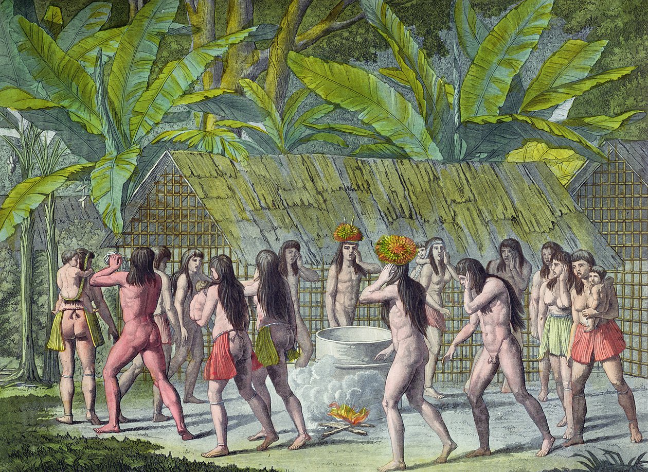 Dance of the Camacani Indians, Brasilia, Jules Ferrarion "Le Costume Ancien et Moderne", julkaistu 1819 (värikaiverrus) (katso myös 109034) tekijältä D.K. Bonatti