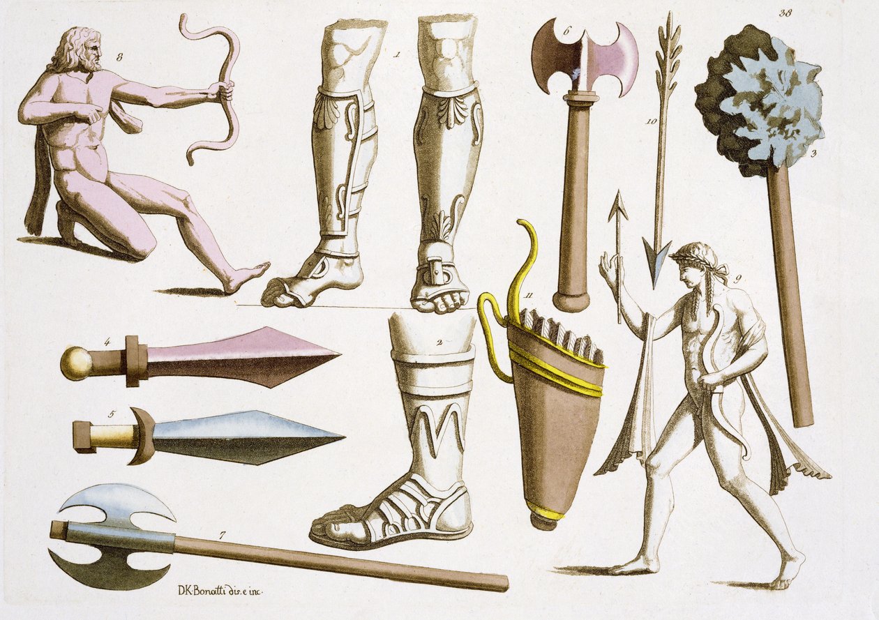 Kreikkalaisia sotilaita, aseita ja haarniskoja, levy 38 Jules Ferrarion "Le Costume Ancien et Modernesta", julkaistu 1820-30-luvulla tekijältä D.K. Bonatti