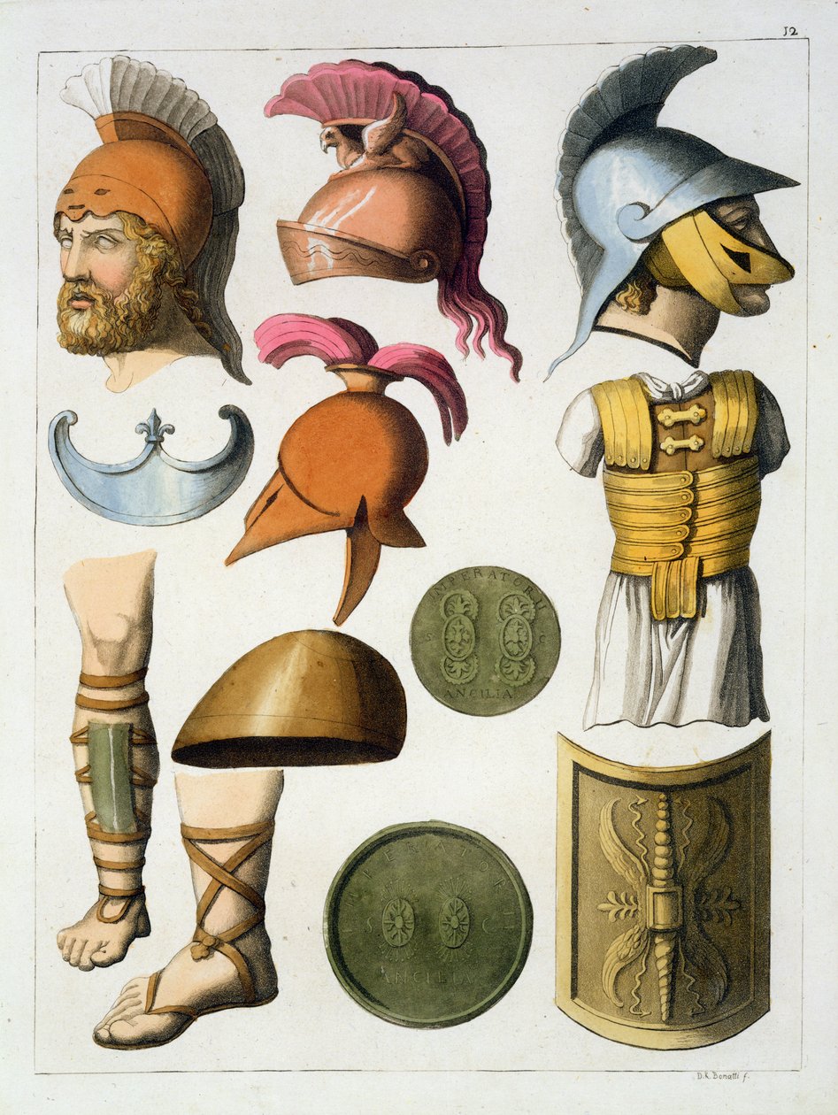 Roomalaiset sotilasvarusteet, Jules Ferrarion "Le Costume Ancien et Moderne", julkaistu 1820-30-luvuilla tekijältä D.K. Bonatti