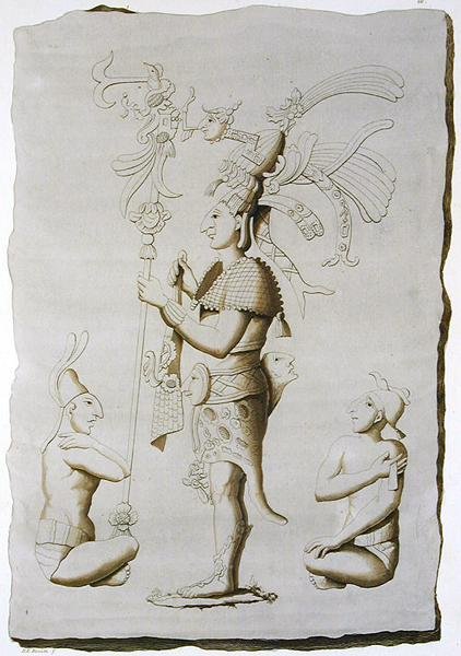 Kuningas, veistos palatsista, Palenque, Chiapas, Meksiko (värikaiverrus) tekijältä D.K. (after) Bonatti