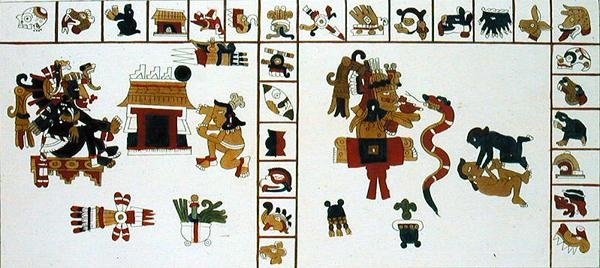 Hieroglyfikäsikirjoitus, joka kuvaa Chuacohuati-jumalaa (värikaiverrus) tekijältä D.K. (after) Bonatti