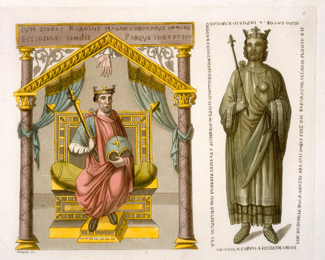 HRE Charles II (kalju) valtaistuimella Colbergin kirjastossa olevan käsikirjoituksen jälkeen, levy 6 Jules Ferrarion pubista "Le Costume Ancien et Moderne". 1820-30 luvulla tekijältä D.K. Bonatti