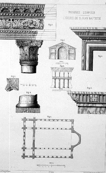 Suunnitelma ja arkkitehtoniset yksityiskohdat Imbrohor Dzamissista, Pyhän Johannes Kastajan kirkosta, "Konstantinopolin kirkkoarkkitehtuuri", pub. Lehmann ja Wentzel Wienistä, n. 1870-80 (litho) tekijältä D. (after) Pulgher