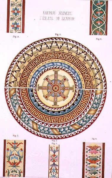 Rosette mosaiikki Kahrije Dzamissista, Vapahtajan kirkko, "Konstantinopolin kirkkoarkkitehtuuri", pub. Lehmann ja Wentzel Wienistä, n. 1870-80 (litho) tekijältä D. (after) Pulgher