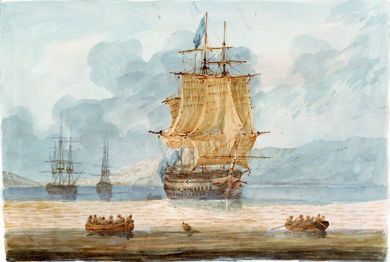 Brittiläinen sotalaiva ja muita aluksia ankkuripaikalla, etualalla laivaveneet, noin 1798-1805 (akvarelli) (vesiväri) tekijältä D. Tandy