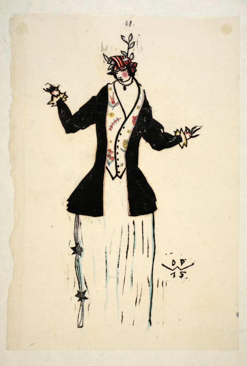 Design for Jacket and Waistcoat, levy 2, kirja 4, kuvitus teoksesta "Wiener Werkstatte Mode 191415", pub. Eduard Kosmack, Wien, 1914-1915 (käsin värjätty linoleikkaus). tekijältä Dagobert Peche