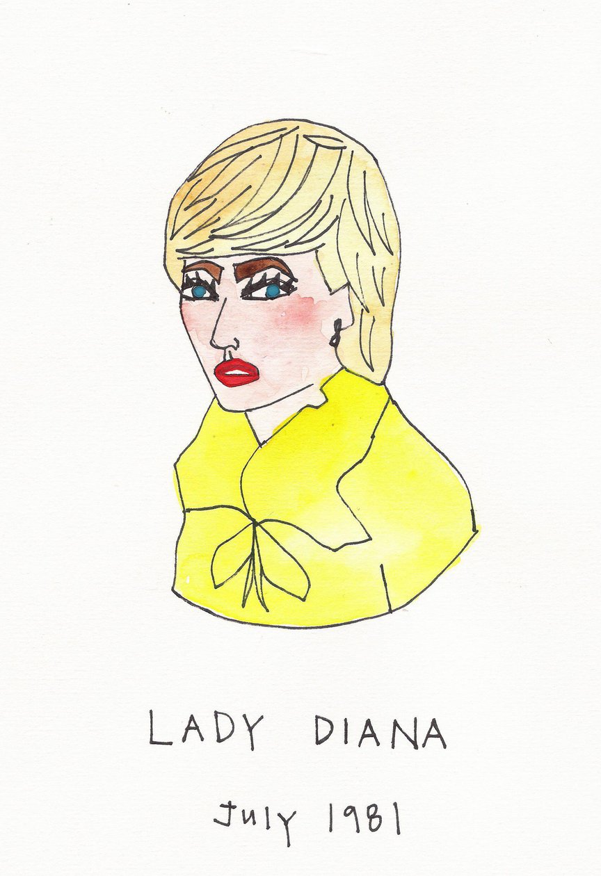 Lady Diana, 2017 (keltaista, punaista, sinistä ja ruskeaa indiamustetta huopakynällä paperille) tekijältä Daisy de Villeneuve