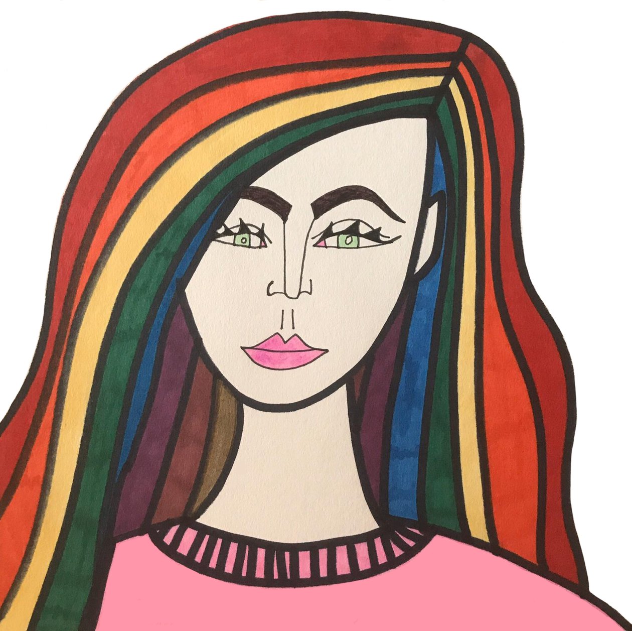 Sateenkaaritukkainen tyttö (huopakärki paperille) tekijältä Daisy de Villeneuve