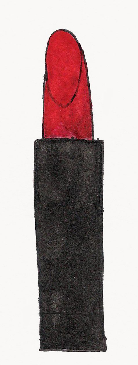 Punainen huulipuna, 2017 (punainen ja musta indiamuste ja kultainen huopakynä paperille) tekijältä Daisy de Villeneuve
