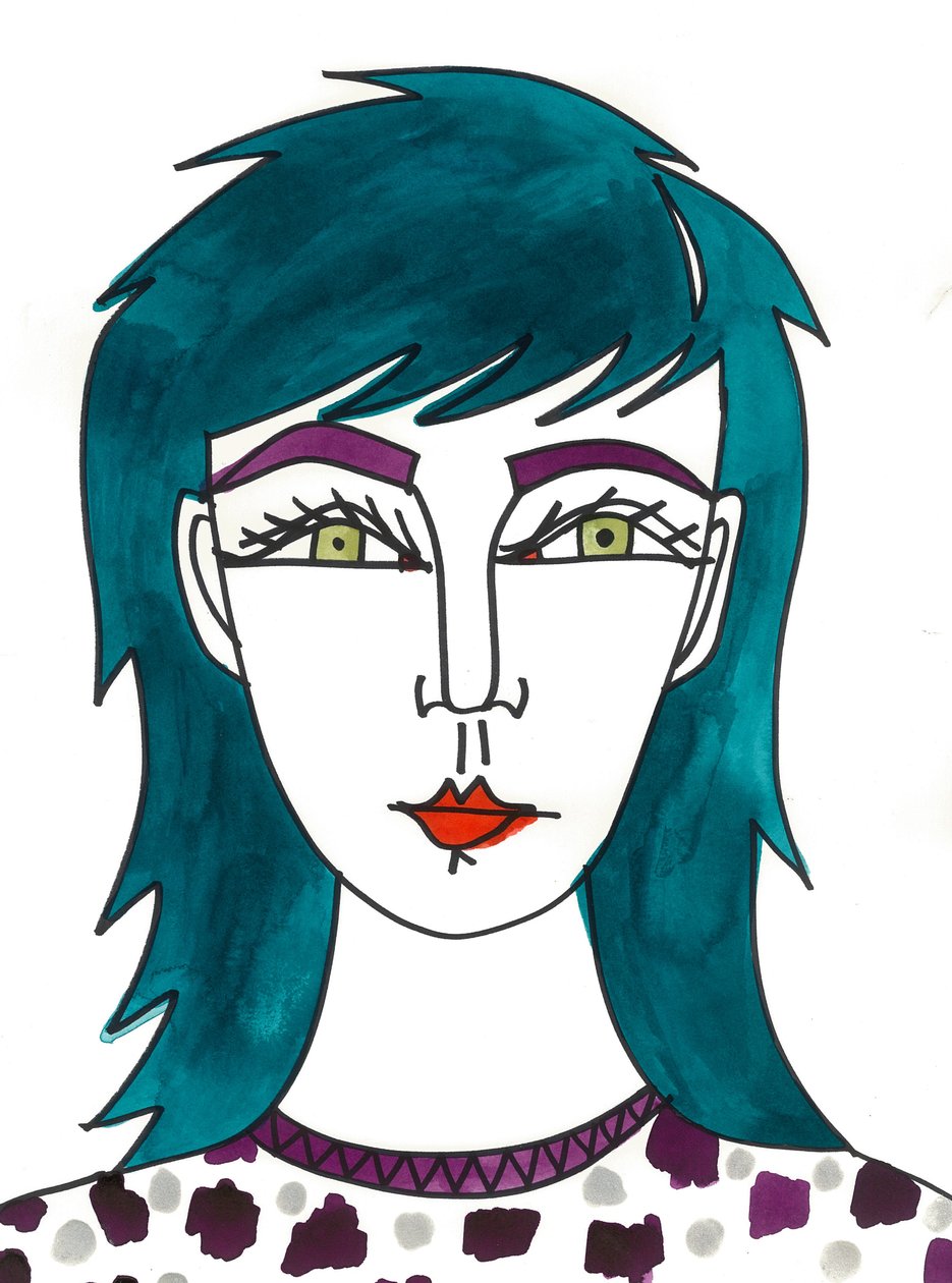 Shaggy Green Hair, 2024 (kynä ja maali paperille) tekijältä Daisy de Villeneuve