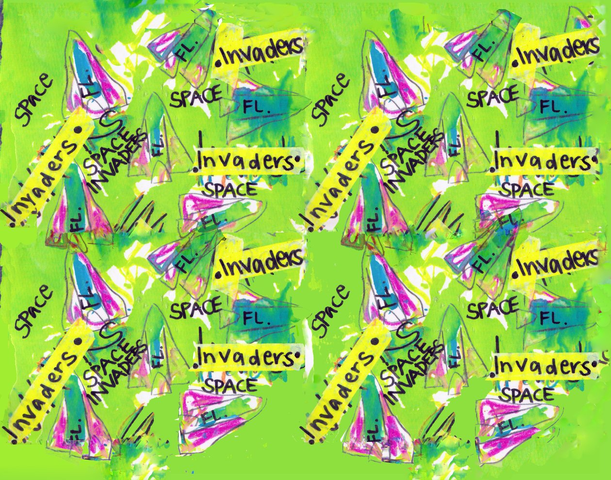 Space Invaders (vesiväri, teippi, kynä, photoshop) tekijältä Daisy de Villeneuve