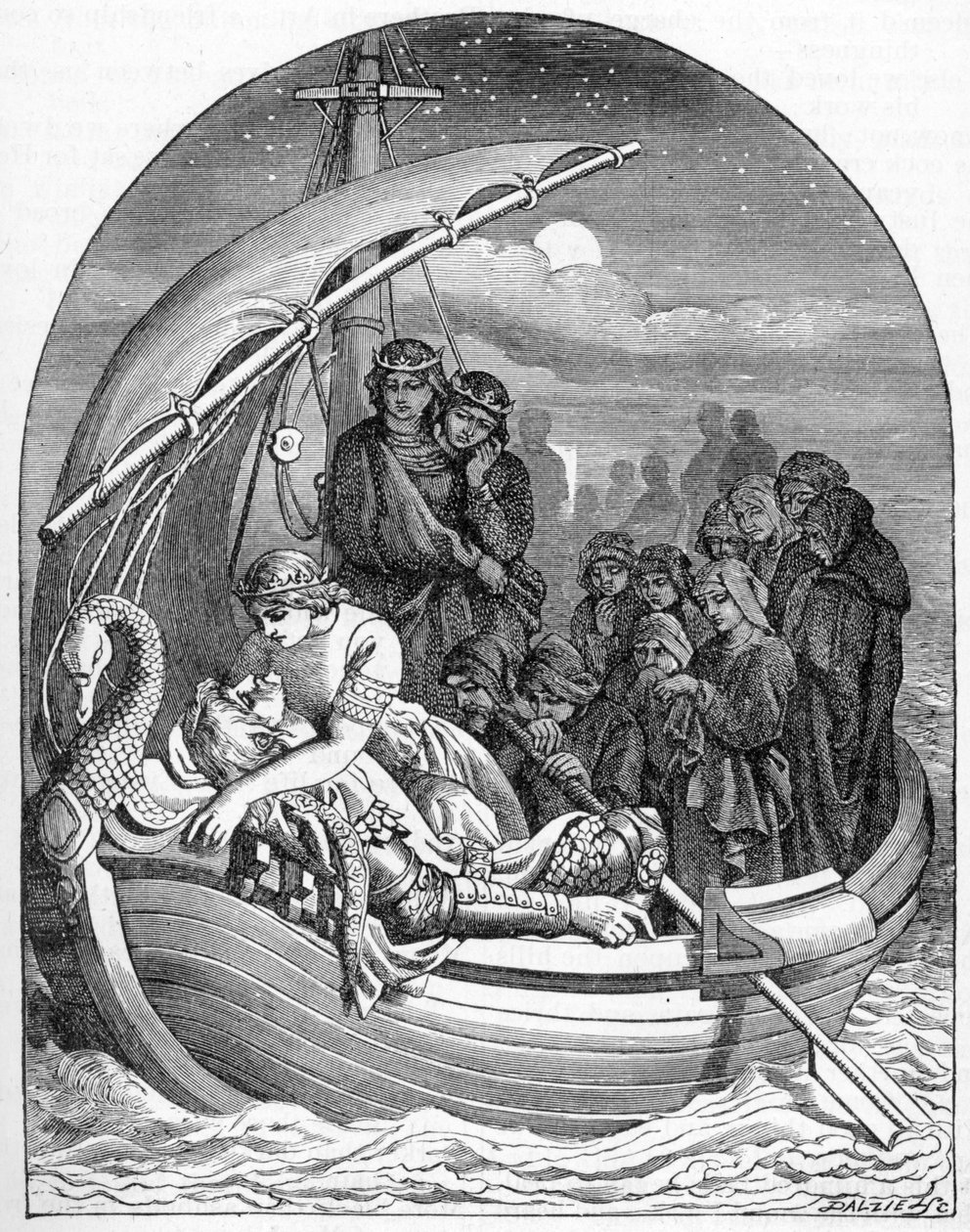 Kuoleva kuningas Arthur viedään Avaloniin taikalaivalla kolmen kuningattaren kanssa, 1901. tekijältä Dalziel Brothers