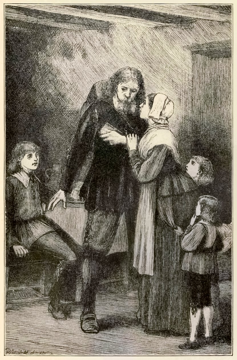 Christian uskoo vaimolleen John Bunyanin (1628-1688) The Pilgrims Progress From This World, To That What Is To Come -kuvan Thomas Dalzielin (1823-1906) Christianin raskaan taakan kanssa. tekijältä Dalziel Brothers
